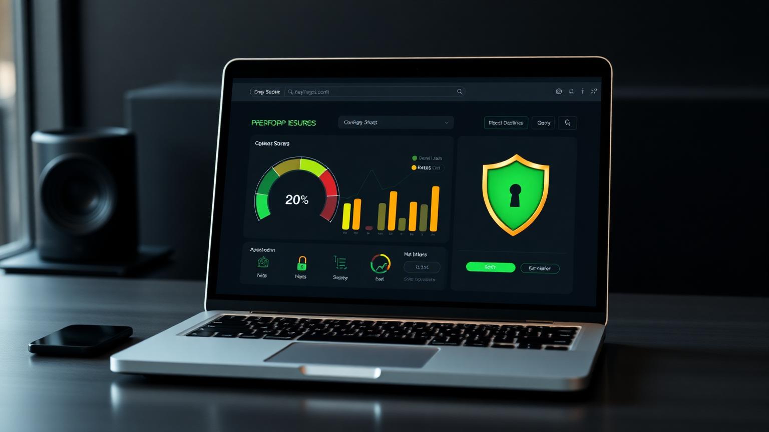 Laptop showing website performance metrics and a green security shield