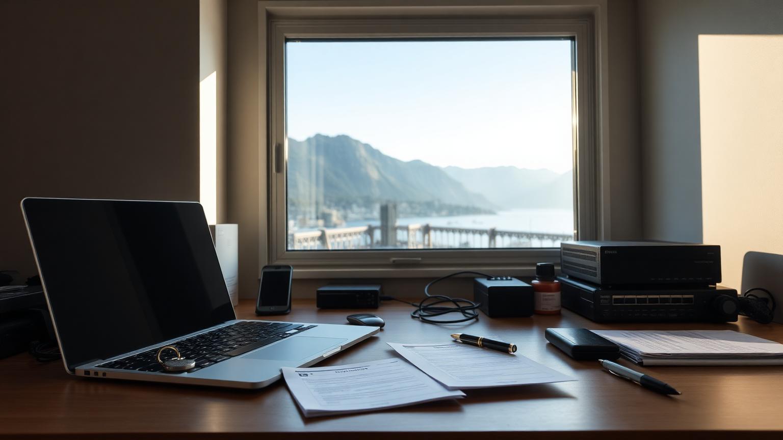 Small-business cybersecurity workspace with laptop, network equipment and security checklist