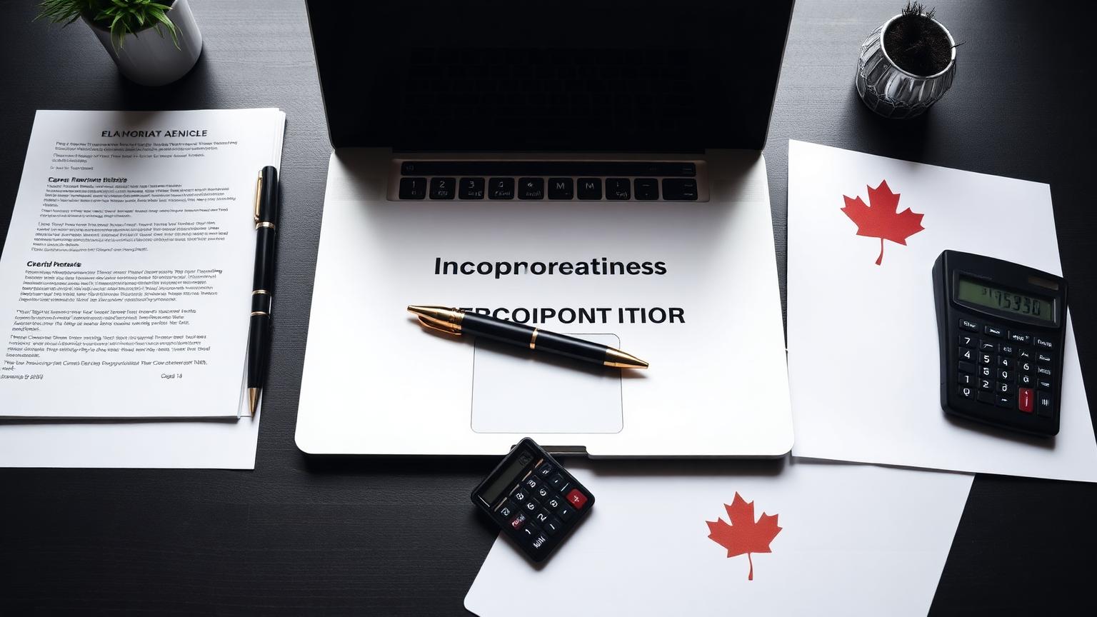 Canadian business incorporation workspace with laptop, documents and calculator